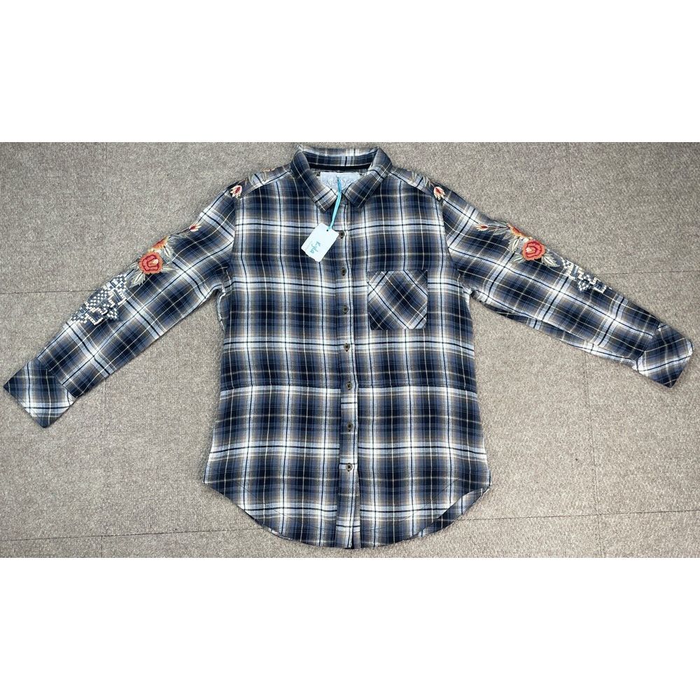Kyla Seo Women's Embroidered Plaid Handmade Button Up Long Sleeve Shirt Size S